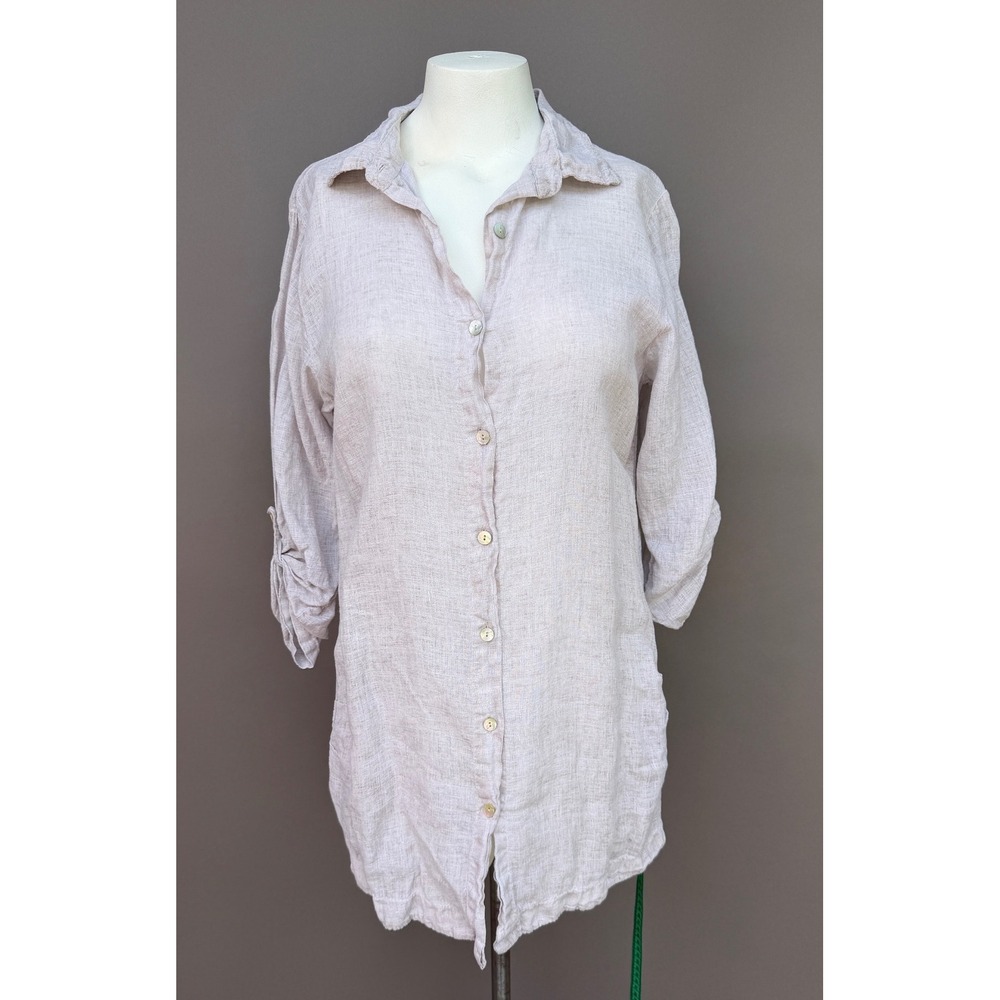 Scandal Italy Abril Linen Tunic Shirt OS Pockets Roll Tab Coastal Lagenlook Top